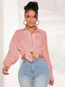 SHEIN SXY Của phụ nữ Thả vai Tay áo dài Áo sơ mi - Bụi hồng - Xem 7