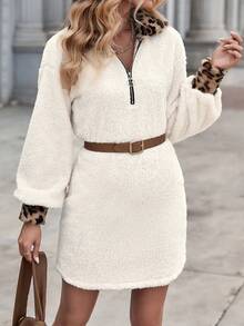 SHEIN LUNE Hoa văn Báo Thả vai Teddy Đầm nỉ - Màu be - Xem 6