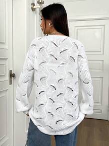 SHEIN Unity Fashionable All-Match Hollow Knit Drop Shoulder Sweater For Women Knit Pullover Fall Winter Sweater - White - View 2