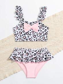 Young Girl Swimwear Set, Heart-Shaped Pink Color, Leopard Print