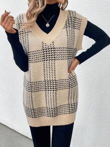 SHEIN Essnce 女士犬牙針織毛衣背心 - 杏色 - 查看 5