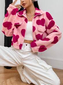 SHEIN Qutie 女款翻領心型貼花拉鍊細節毛絨夾克 - 粉色 - 查看 4