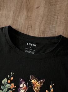 INAWLY 女士时尚蝴蝶和自行车印花圆领短袖 T 恤图案 T 恤女式上衣 - 黑色 - 查看 3