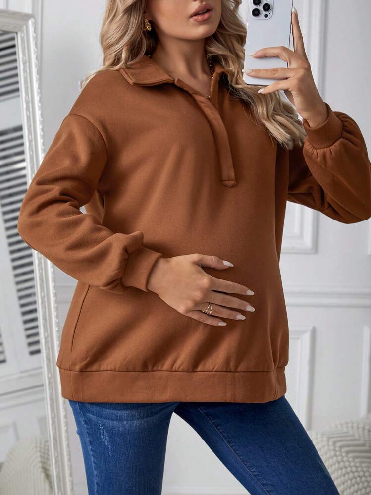SHEIN Maternity Drop Shoulder Sports Sweatshirt - Brown - View 3