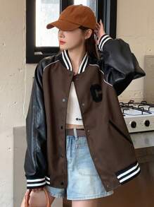 DAZY Áo khoác trễ vai có chữ cái dành cho nữ - Cà phê nâu - Xem 4