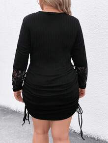 SHEIN LUNE Women's Plus Size Lace Patchwork Drawstring Pleated Dress - Black - View 2