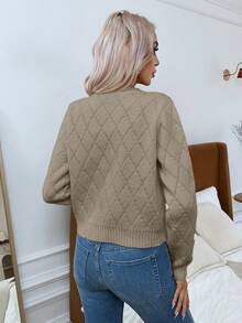 SHEIN Privé Của phụ nữ Kim cương Đan Nút phía trước Áo len Mở - Màu nâu  Mocha - Xem 2