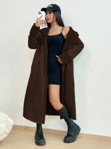 SHEIN EZwear Suede & Plush Composite Fabric Mid-length Women's Coat - Coffee Brown - View 7