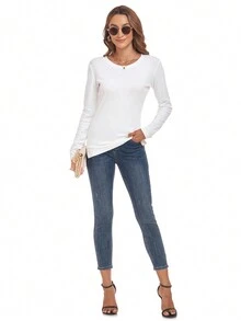 Women's Light Long Sleeve T-shirt With Round Neck That Fits Snugly - White - View 4