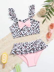 Young Girl Swimwear Set, Heart-Shaped Pink Color, Leopard Print