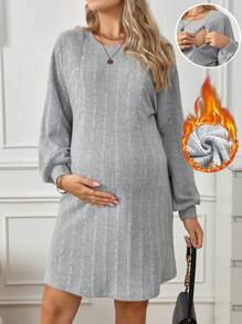 SHEIN Thai sản Đồ đan Ribbed Điều dưỡng Đầm - Xám - Xem 1