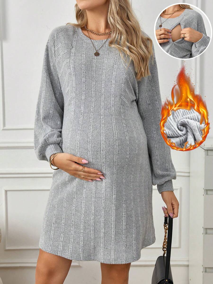 SHEIN Thai sản Đồ đan Ribbed Điều dưỡng Đầm - Xám - Xem 1