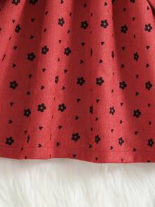 SHEIN 小女孩连衣裙 碎花印花连衣裙（配腰带） - 酒紅色 - 查看 6