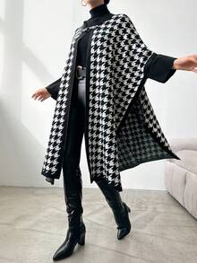 SHEIN Women's Batwing Sleeve Cardigan With Houndstooth Pattern - Black - View 2