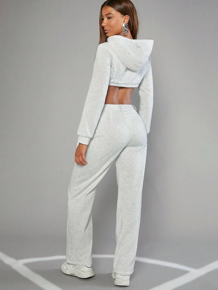 Crop Hoodie & Zipper Pocket Pants Two Pieces Set