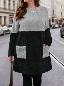 SHEIN LUNE 大尺碼拼色加絨有口袋連身裙 - 彩色 - 查看 3