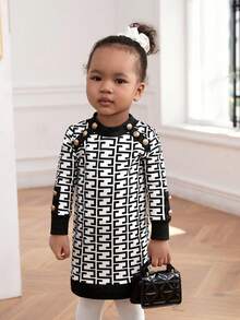 SHEIN Infant Girls' Full Printed Patchwork Long Sleeve Dress - Black and White - View 3