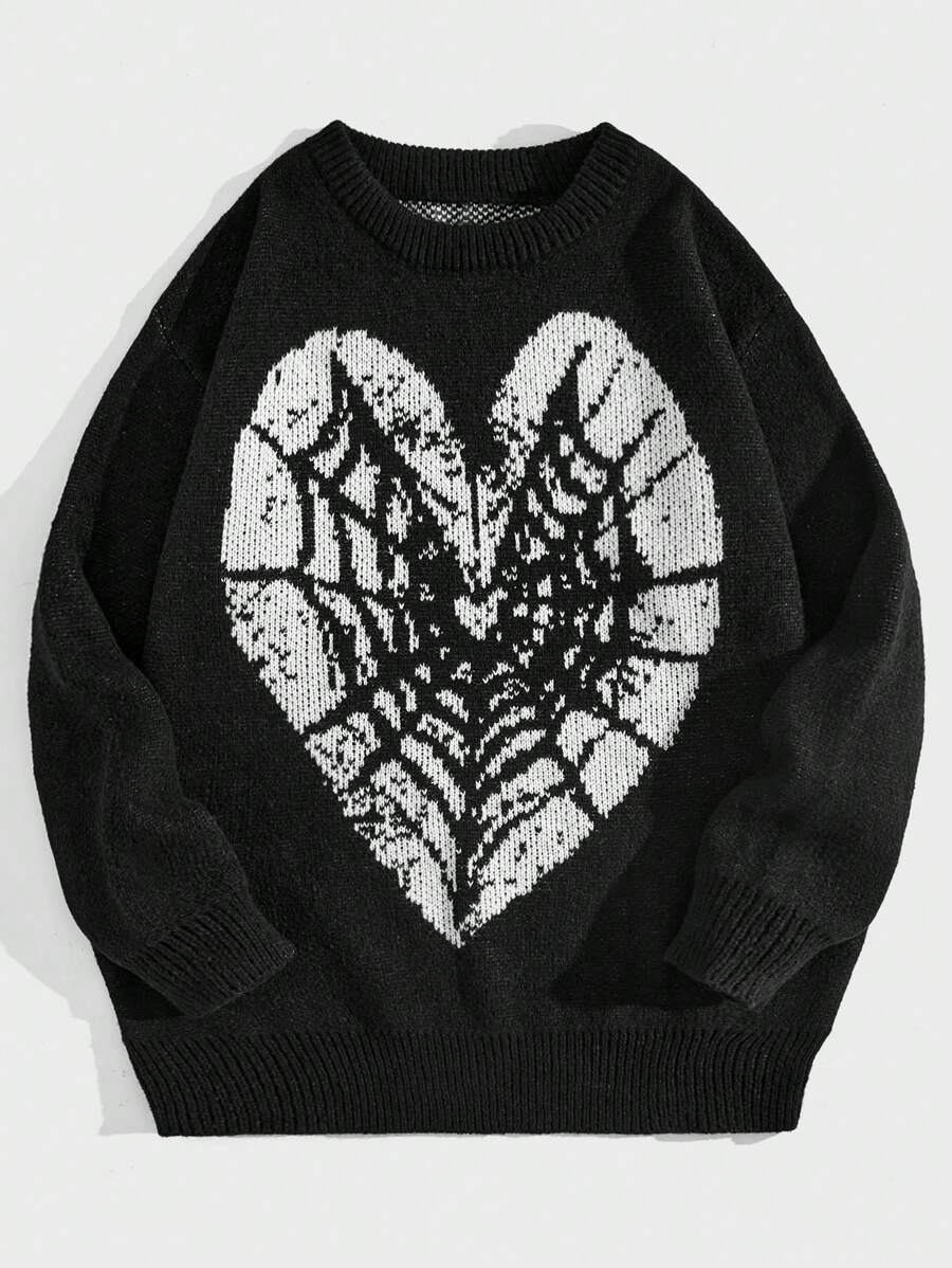 ROMWE MEN Goth 男士圓領毛衣,帶心形圖案 - 黑色 - 查看 1