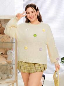 SHEIN MOD Jersey De Talla Grande Con Cuello Redondo Y Decoración De Flores