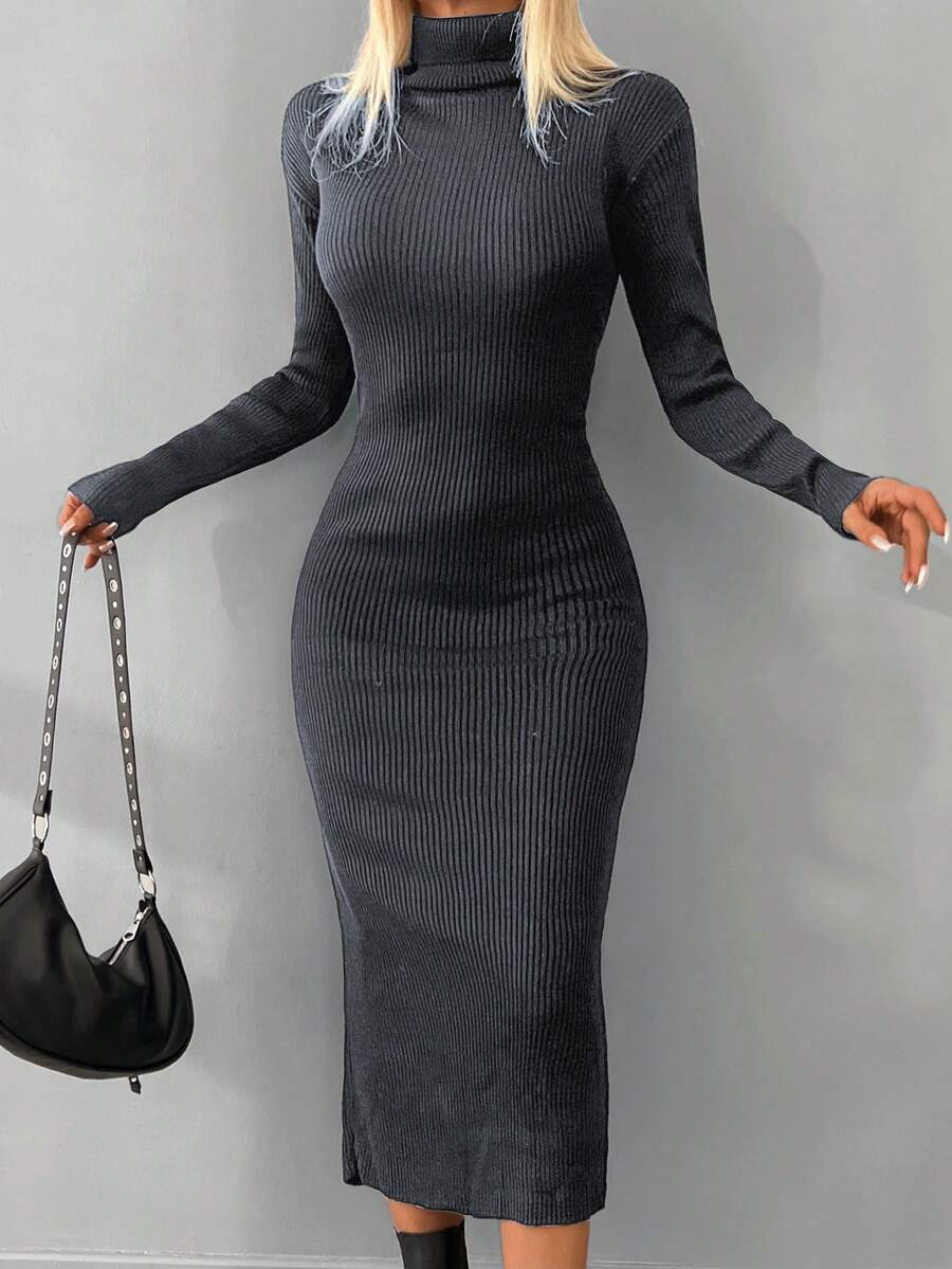 EURMUSE Turtleneck Ribbed Knit Bodycon Sweater Dress - Dark Grey - View 1