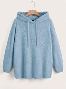 SHEIN EZwear 加大码抓绒抽绳卫衣，落肩设计 - 藍色 - 查看 1