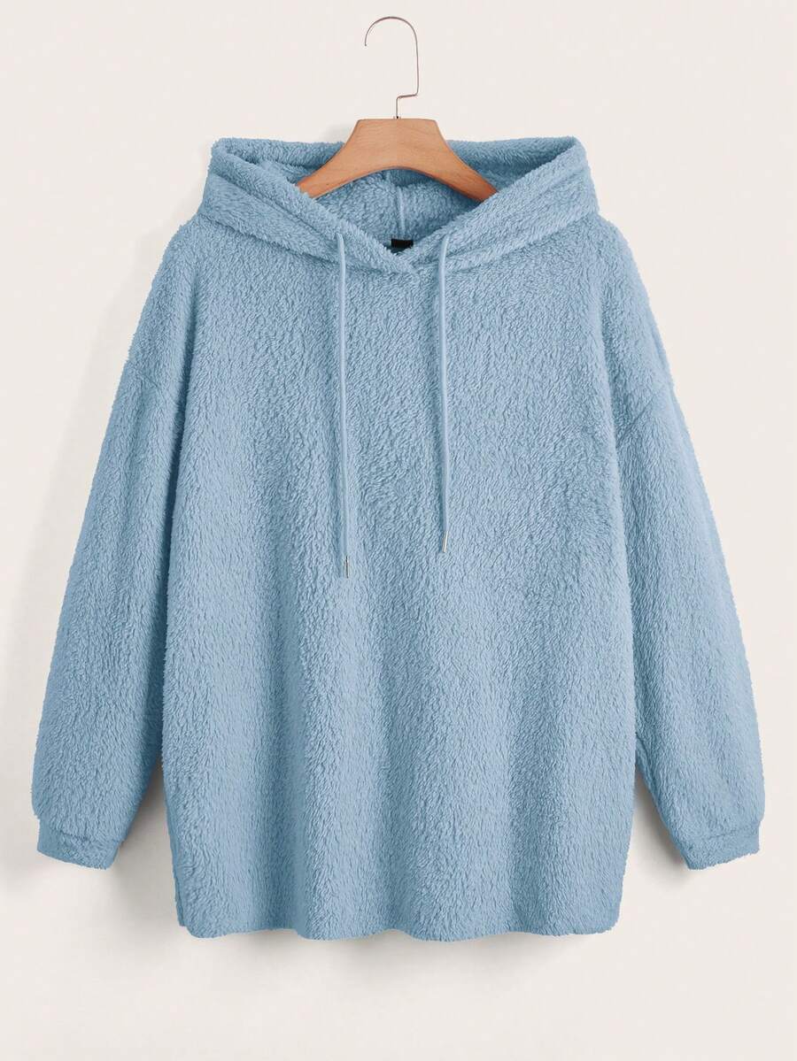 SHEIN EZwear 加大码抓绒抽绳卫衣，落肩设计 - 藍色 - 查看 1