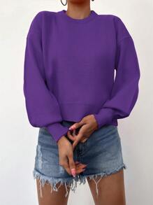 EURMUSE Solid Drop Shoulder Sweater - Purple - View 3