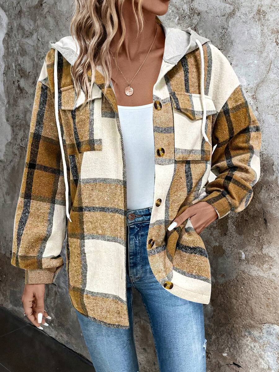 SHEIN Clasi 格紋印花落肩袖抽繩連帽外套 - 卡其色 - 查看 1