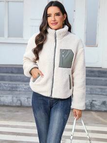 Women's Casual Everyday Zip-Up Contrast Color Sherpa Jacket, Autumn/Winter Spring - Beige - View 7