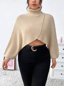 Flirla 大码女式高领不对称下摆套头衫 - 杏色 - 查看 1