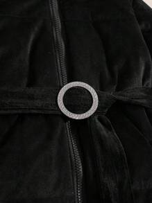 SHEIN Little Girls' Solid Color Zipper Front Belted Jacket - Black - View 5