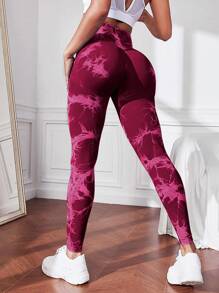 Yoga Basic Tie-dyed Sports Leggings - Burgundy - View 1