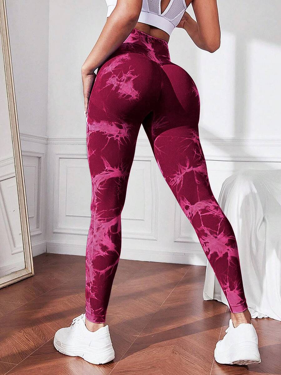 Yoga Basic Tie-dyed Sports Leggings - Burgundy - View 1