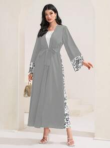 Al Najma Quý cô In hoa Vá lại Tiếng  Ả Rập Áo choàng Abaya - Xám - Xem 1