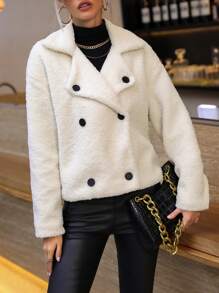 SHEIN Essnce Double Breasted Drop Shoulder Teddy Jacket - Beige - View 3