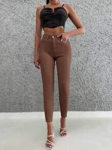 EURMUSE Solid Cropped Skinny Jeans - Brown - View 5