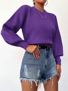 EURMUSE Solid Drop Shoulder Sweater - Purple - View 4