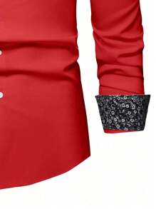 Manfinity Mode 男士花卉袖口长袖衬衫，男士休闲长袖衬衫，男士红色纽扣衬衫，适合秋季 - 紅色 - 查看 5