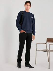 RueChic Men's Round Neck Sweatshirt With Text Print - Black - View 4