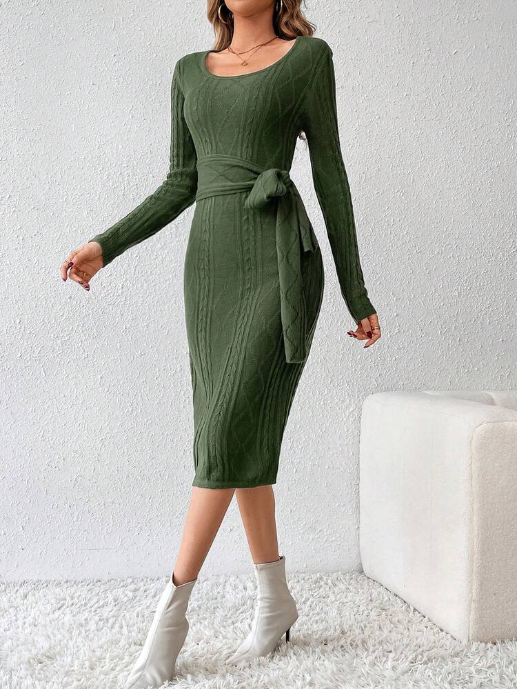 Women's Cable Knitted Dress With Large Round Neckline, Waist Belt