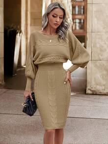 SHEIN Essnce Màu thuần Cổ thuyền Thon gọn Váy len bó sát - Màu Khaki - Xem 6