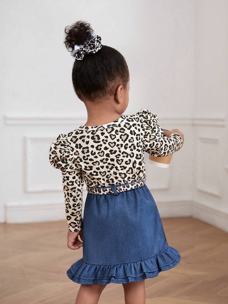 Baby Girls' Casual Leopard Print Puff Sleeve Top, Denim Effect Skirt With Elastic Waistband, Fanny Pack Set
