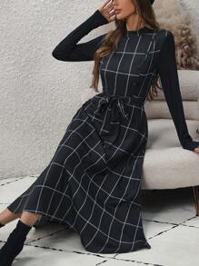 SHEIN Clasi 方格印花腰帶無袖連身裙,不含內搭t恤 - 彩色 - 查看 1