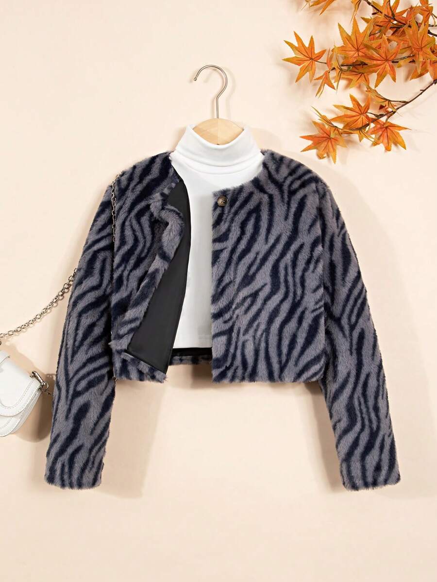 SHEIN Tween Girls' Long Sleeve Jacket, Grey Leopard Print, Cool Furry Texture - Grey - View 1