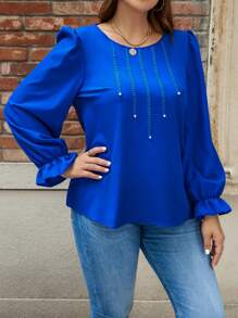 Celure 加大碼刺繡珍珠細節圓領襯衫 - 藍色 - 查看 6