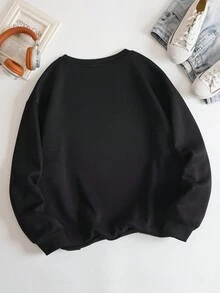 SHEIN EZwear 大碼人物和標語圖案落肩袖運動衫 - 黑色 - 查看 2