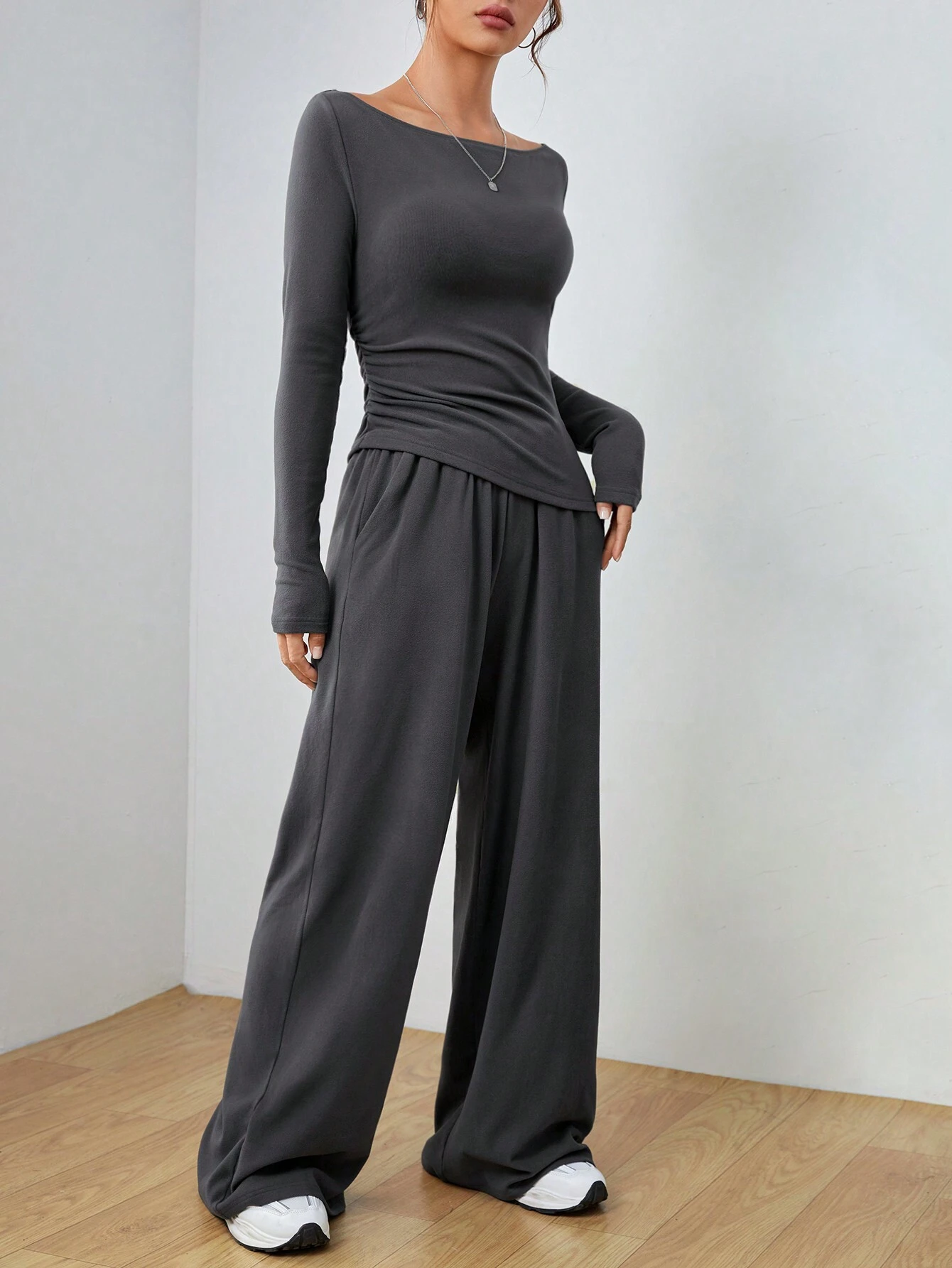 EZwear Women's Grey Knitted Tight-fit Stand Collar Long Sleeve Top With Skirt Set