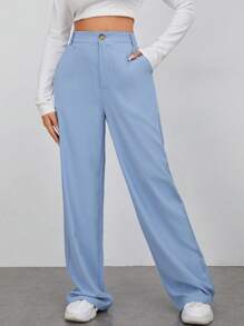 SHEIN EZwear 素色高腰直筒褲 - 霧霾藍 - 查看 5