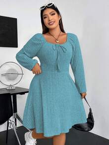 Flirla Kích thước lớn Của phụ nữ Tay áo lồng đèn Sọc Đầm - Màu xanh nhạt - Xem 8