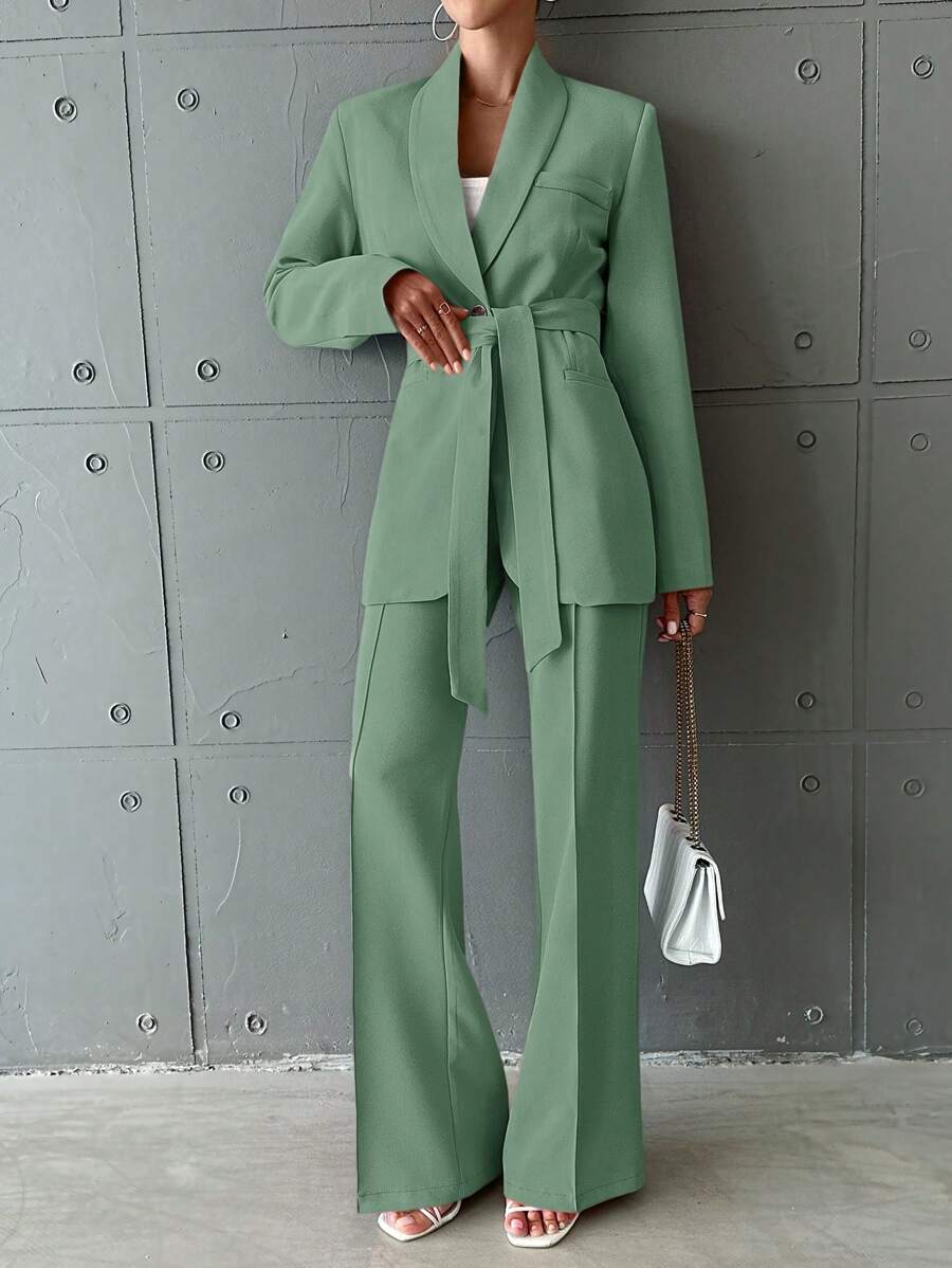 EURMUSE Ladies' Solid Color Suit Jacket And Pants Set - Mint Green - View 1